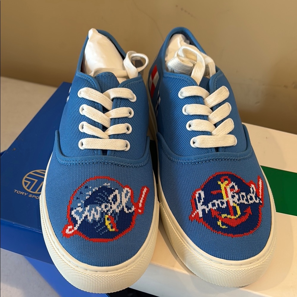 NIB:TORY BURCH SPORT Knit Lace-Up Sneaker Sailing Blue Size:9.5